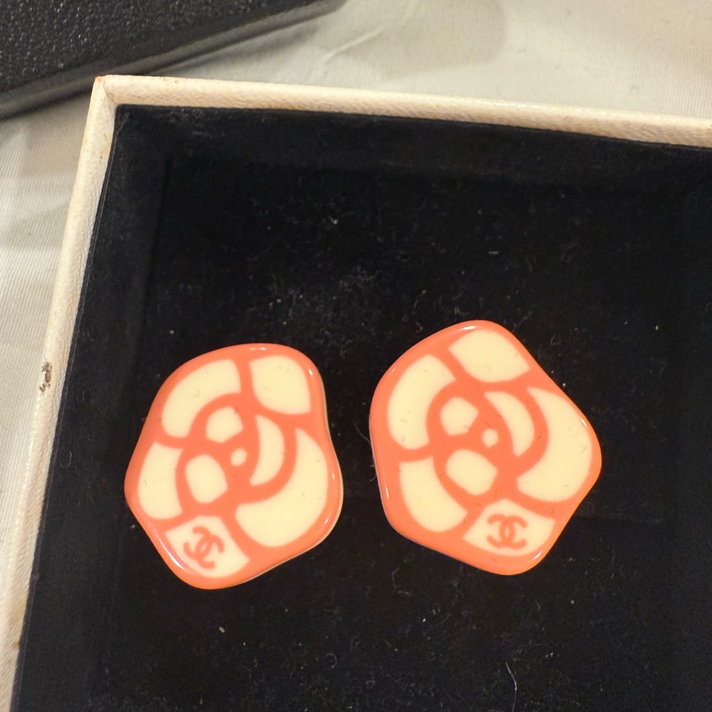 Chanel pink and cream camelia resin clip on earrings